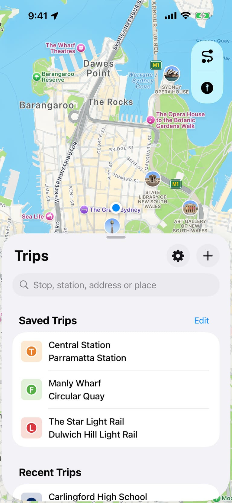 Trip Planner showing public transport journey options in Sydney
